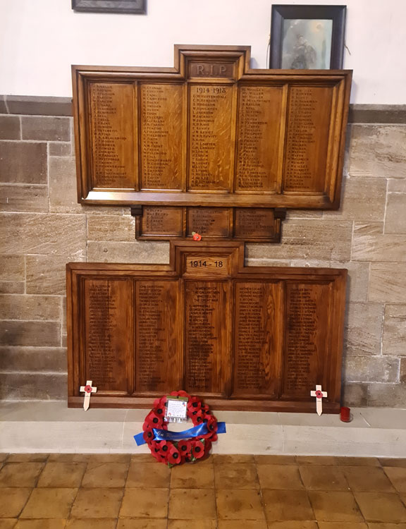 The War Memorial for St. John's Church beneath the War Memorial for St. Peter's Church, Barnsley
