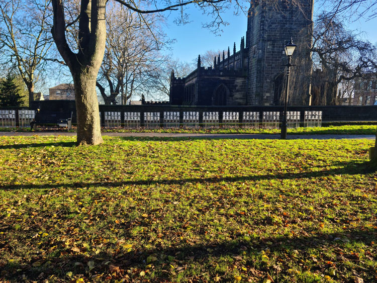 Barnsley Somme Centenary Artwork seen from across Peace Park (St. Mary's Church, on the right)