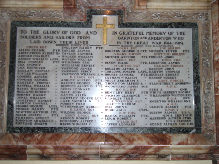 The First World War Memorial in Christ Church, Barnton (Cheshire)