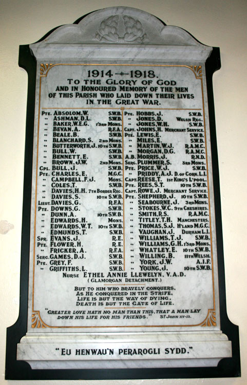 The First World War Memorial in St. David's Church, Beaufort (Ebbw Vale)