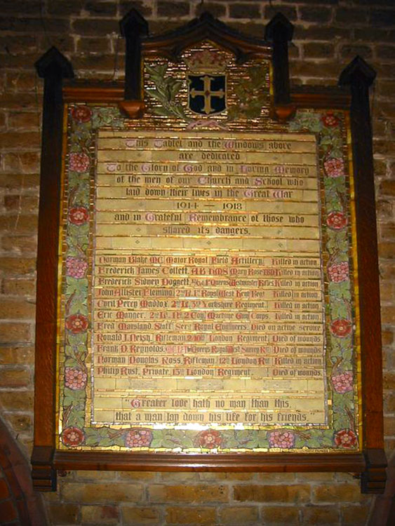 he First World War Memorial in Beckenham's Elm Road Baptist Church