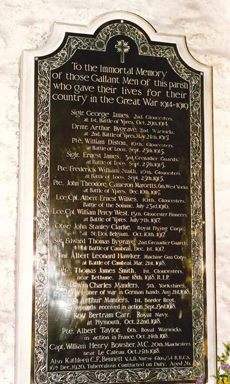 The First World War Memorial in St John the Baptist Church, Beckford (Worcs)