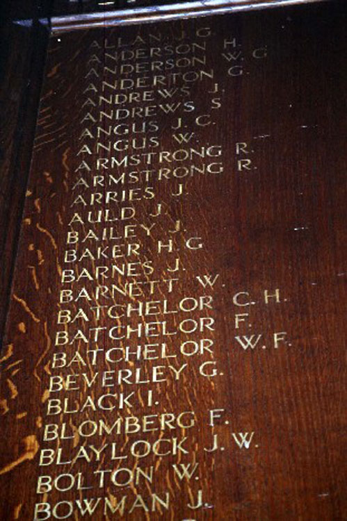 The names of Shadrack Abdrews and William Angus on the First World War Memorial for the Bedlington Coal Company