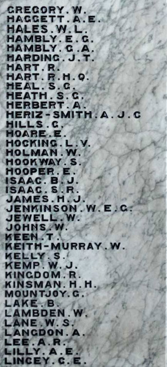 The panels on the First World War Memorial bearing the names of Privates Butler and Kinsman