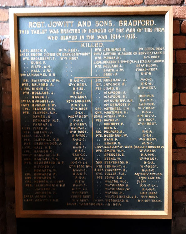 The First World War Memorial for Jowitt & Sons Ltd of Bradford
