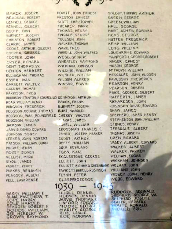 Names on the Roll of Honour in the Church of St. Margaret of Antioch, Brotton