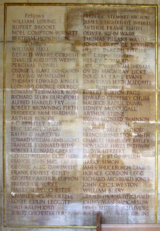 The Panel on the First World War War Memorial for King's College, Cambridge Commemorating Maurice kemp-Welch and John Vivian Nancarrow