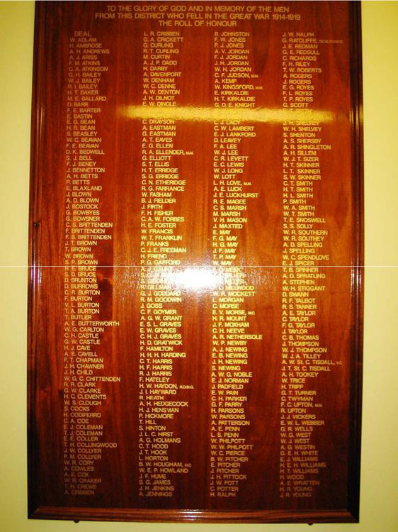 The First World War Commemorations for Deal on the Victoria Hospital Memorial Board