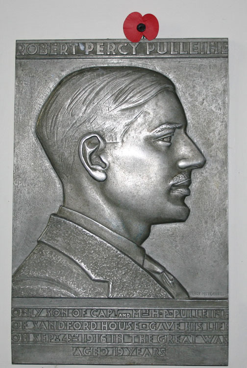 The plaque dedicated to Lieut. Robert Percy Pulleine, Son of Capt. Henry Percy Pulleine, and Alice Maud Mary Pulleine, of Sandford House, Richmond, Yorks. Royal Field Artillery. Killed 4 September 1916.