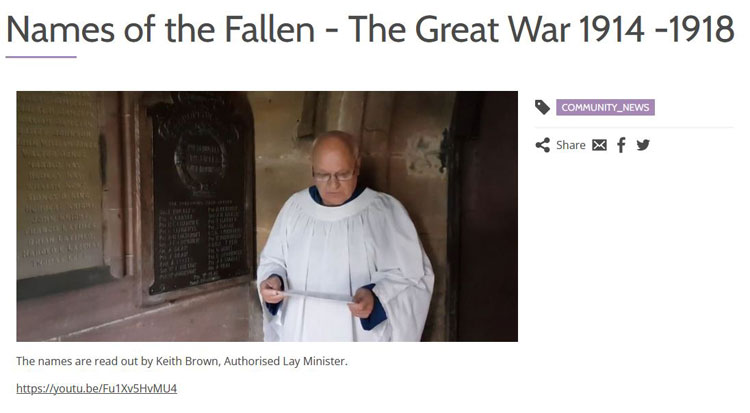 A YouTube Video of the Names of the First World War Dead being read out, as on the memorial in St. Mary's Church, Eccles