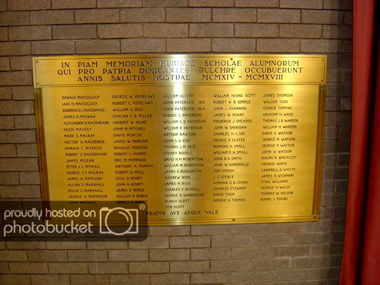 The Right Hand Plaque of First World War Memorial in the Assembly Hall of the Royal High School, Edinburgh