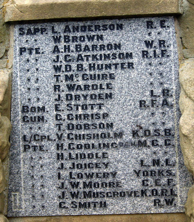 Names on the War Memorial for Eighton Banks (4), including that of Private Lowery