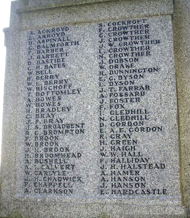 First World War Names "A" - "H" on the War Memorial for Elland (Calderdale)