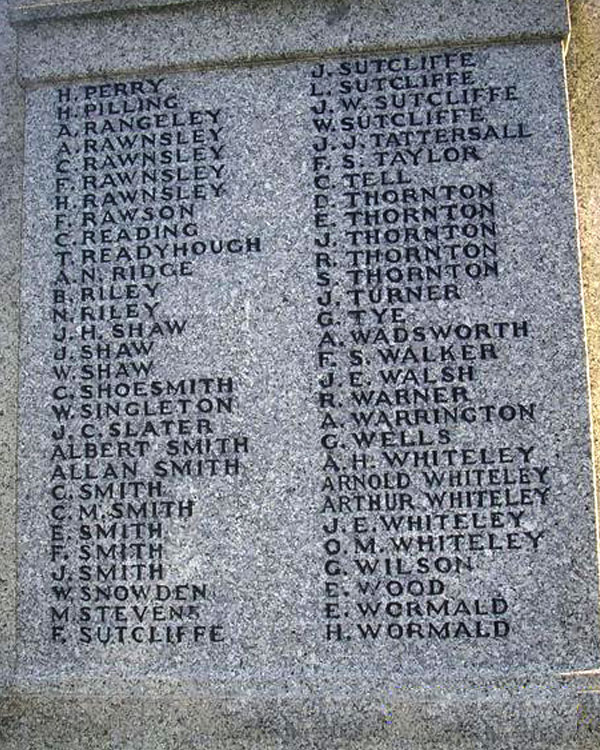 First World War Names "P" - "W" on the War Memorial for Elland (Calderdale)