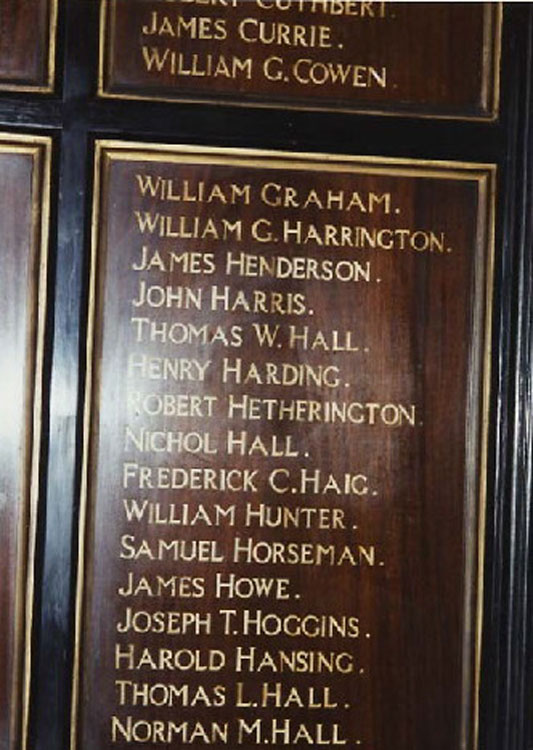 William Graham's name on Tthe First World War Memorial in St. Philip's Church, Elswick (Newcastle upon Tyne) 