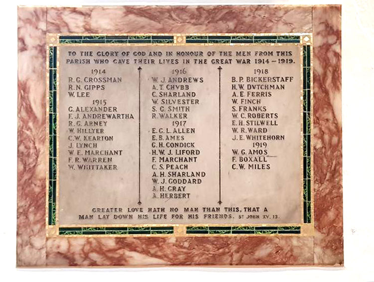 The First World War Memoriakl in St. Peter's Church, Farnborough, on which Private Whittaker is Commemorated.