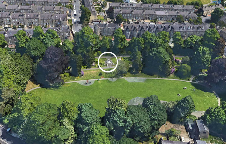The War Memorial for Fartown and Birkby (circled) in Norman Park, Birkby