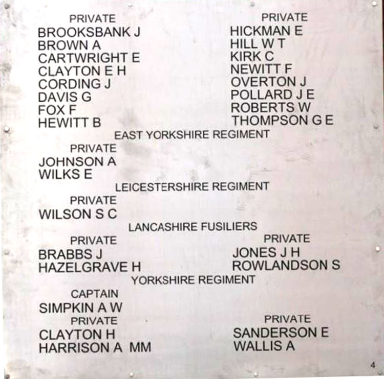 The Names of the Yorkshire Regiment Soldiers on the Featherstone War Memorial.
