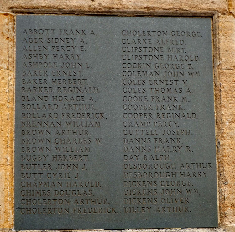 The Panel on which Arthur Desborough's Name is Commemorated on the Finedon War Memorial 
