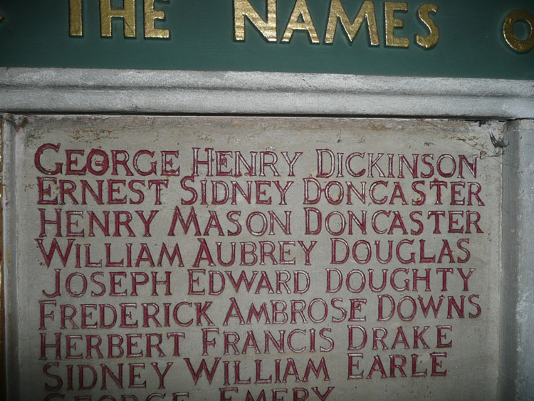 The War Memorial tablet with Ernest Doncaster's name inscribed.