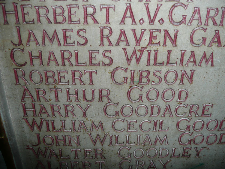 The War Memorial tablet with Arthur Good's name inscribed.