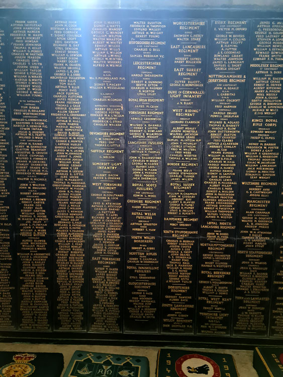The Section of the First World War Memorial in Grimsby Minster on which men of the Yorkshire Regiment are Commemorated
