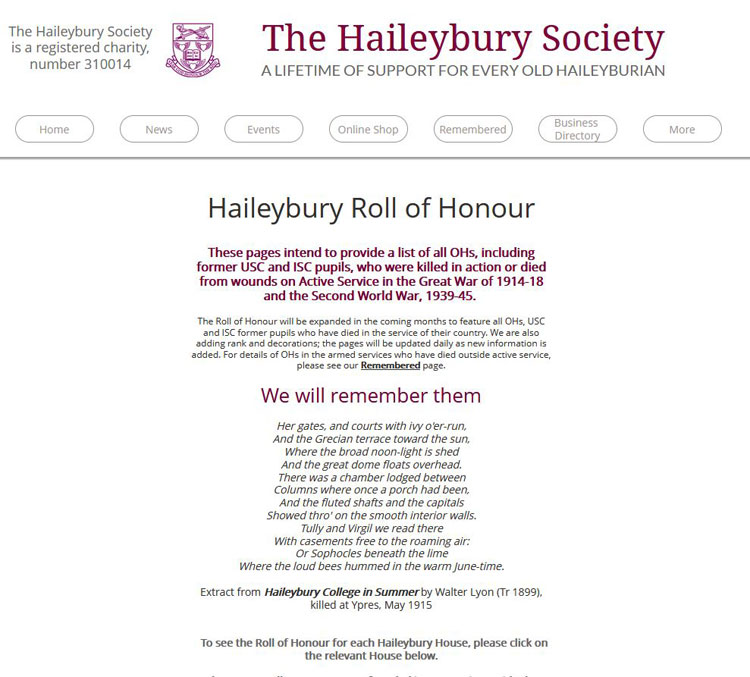 The Home Page for the website of Haileybury Society Roll of Honour for Past Scholars Who Lost Their Lives in Both World Wars
