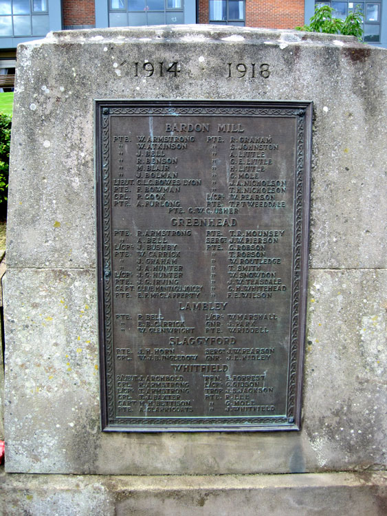 The Plaque on the Halwhistle War Memorial bearing the names of Privates Birkett and Snowdon