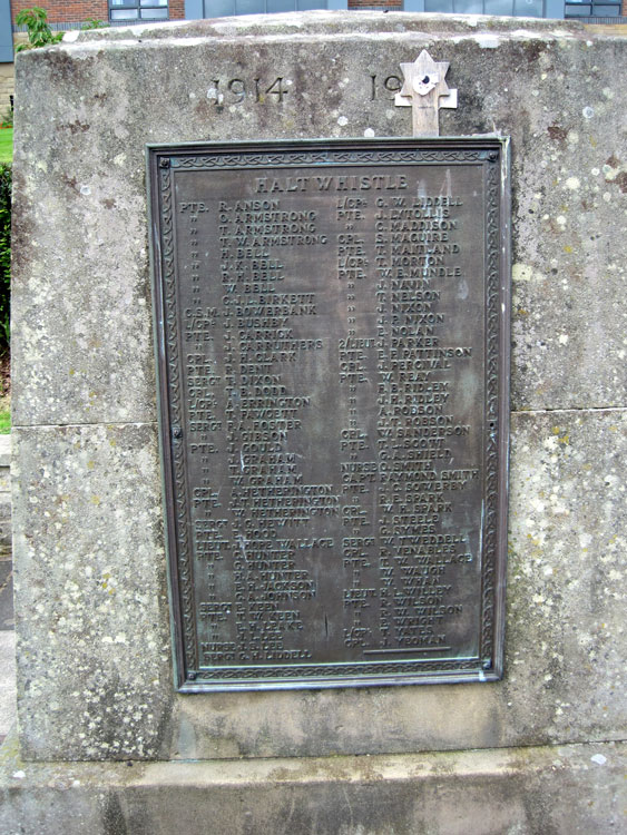 The Plaque on the Halwhistle War Memorial bearing the name of Private Birkett