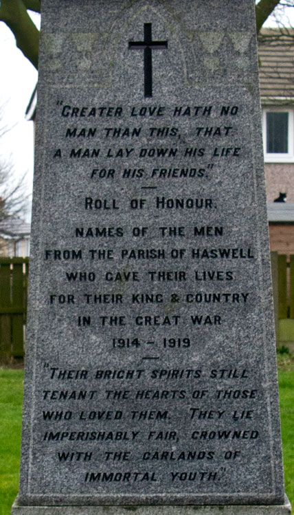 The Dedication on the Haswell War Memorial.