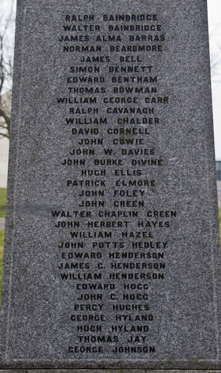 First World War Commemorations "B" - "J" on the Haswell War Memorial.