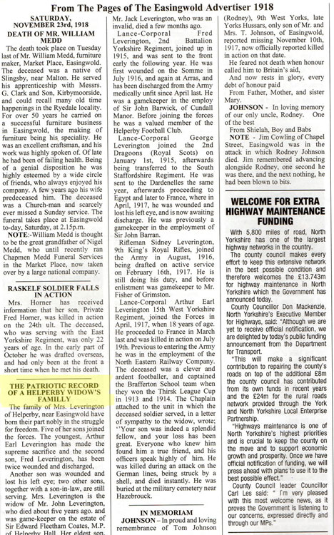 The article in the Easingwold Advertiser on the Leverington family