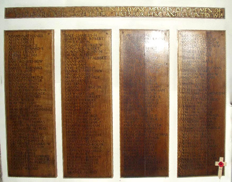 The First World War Memorial in St. Helen'sChurch, Hemsworth