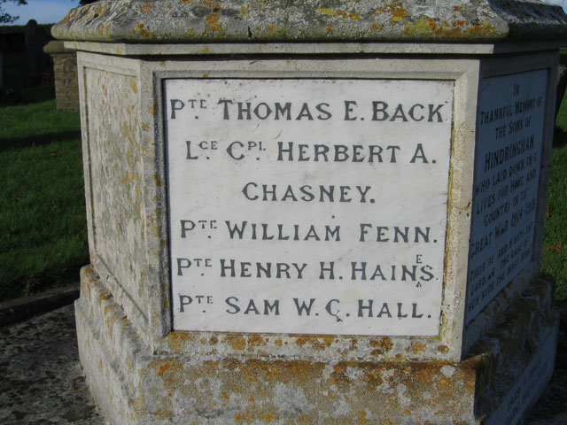 Pte Haines' name on the War Memorial, - Hindringham, Norfolk (Note spelling correction)