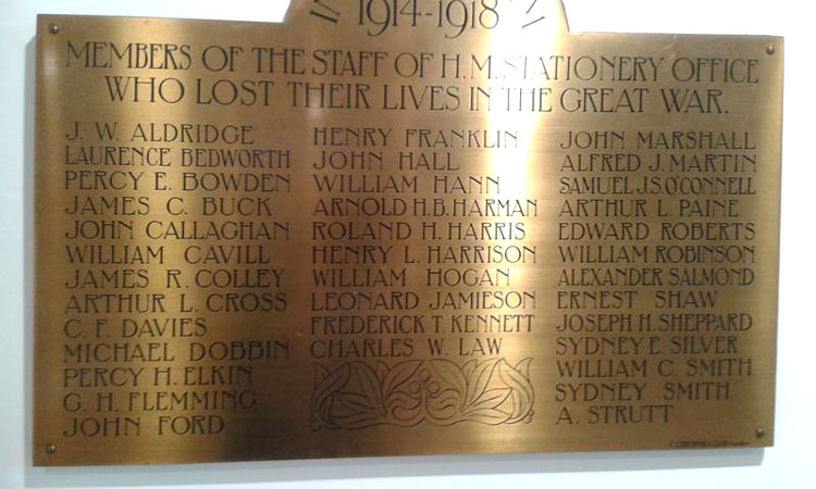 The First World War Roll of Honour for H M Stationery Office, London