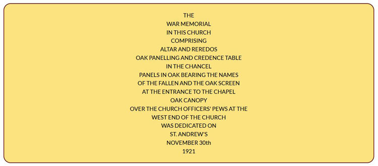 The War Memorial Dedication Plaque in St. Andrew's Church, Leeds Road, Huddersfield