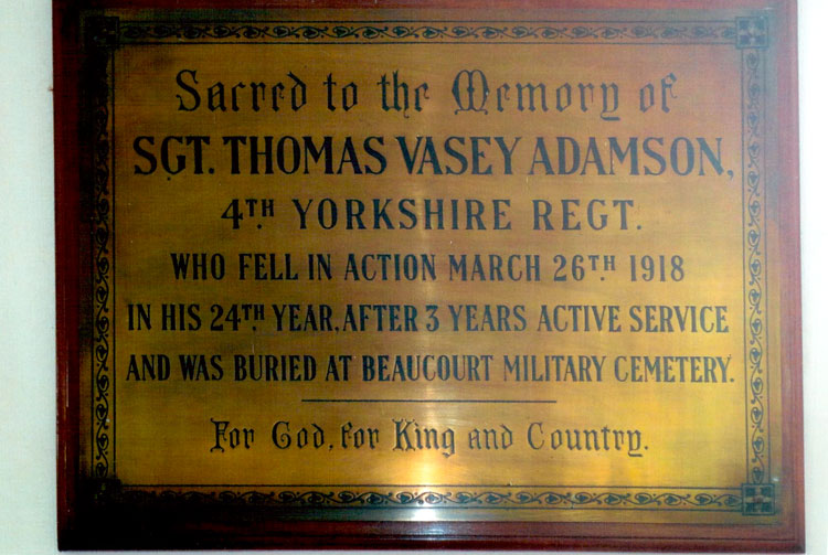 The Memorial to Serjeant Adamson in All Saints' Church, Ingleby Arncliffe