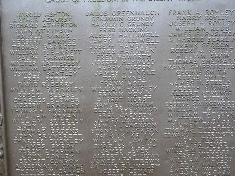 First World War Commemorations (Detail) on the War Memorial for Kearsley (Bolton)