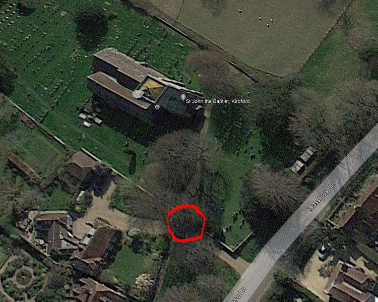 The Position of the Lych Gate (circled) for St John the Baptist Church, Kirdford 