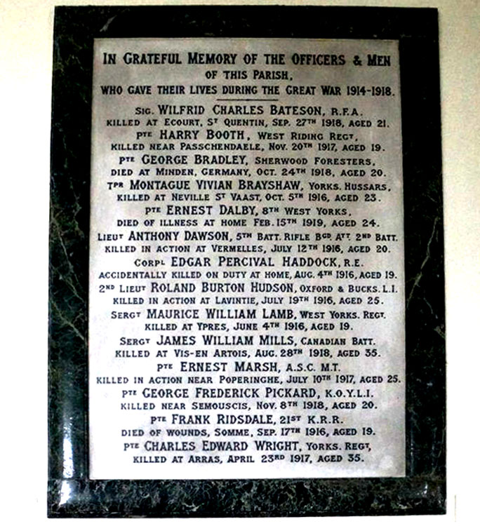 The First World War Memorial in All Saints' Church, Kirkby Overblow