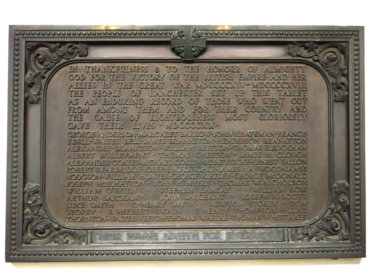 The First World War Memorial Plaque in All Saints' Church, Lanchester (Co. Durham)