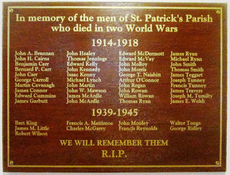 The War Memorial Plaque in St. Patrick's RC Church, Langley Moor (Co. Durham)