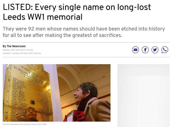 The News Item (10 April 2017) from the Yorkshire Evening Post on the St. Columba's Church War Memorial