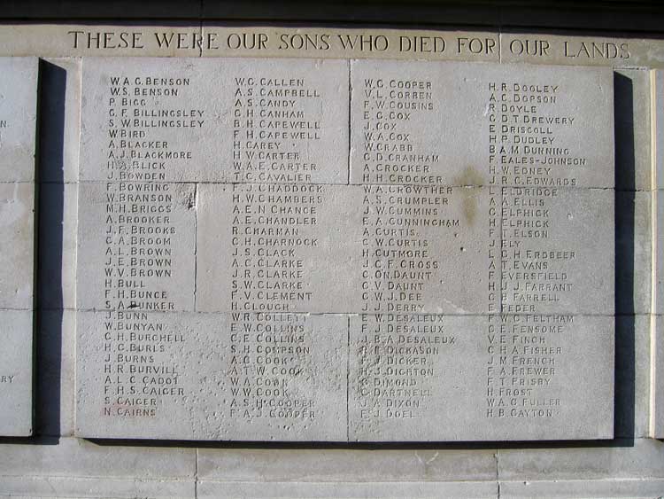 The Names on the War Memorial for Stockwell, London.