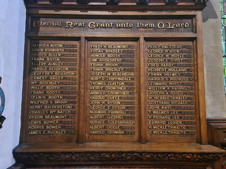 The Left Hand Panel of the War Memorial in St. Mark's Church, Longwood (Kirklees)