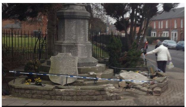 On 15 March 2015 a drunk driver crashed into the Louth War Memorial This was reported by he BBC News website.