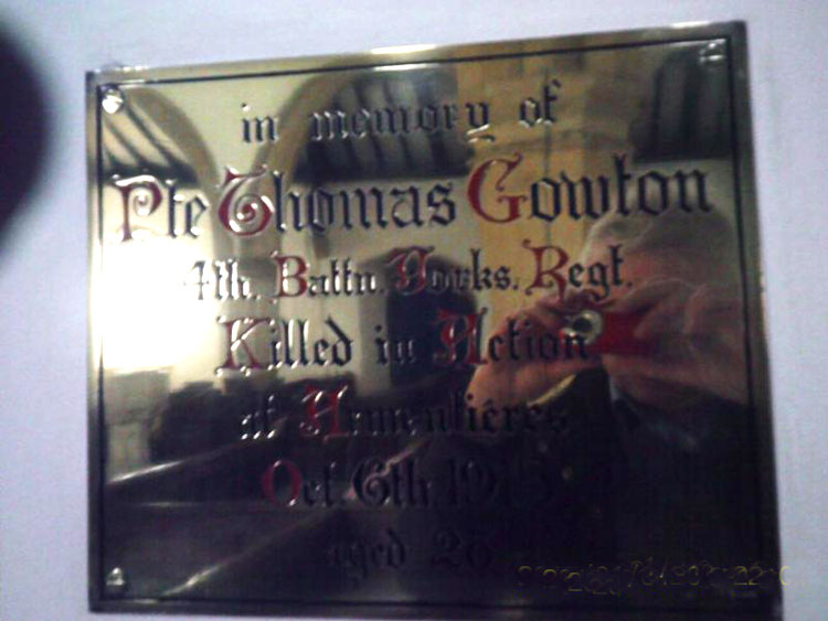 The Plaque Commemorating Private Thomas Gowton in All Saints' Church, Manfield