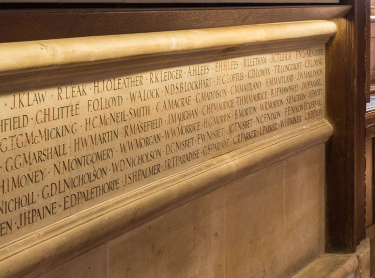 A section of the First World War Commemorations in the Marlborough College Memorial Hall. Captain J Maughan's name is amongst those shown.