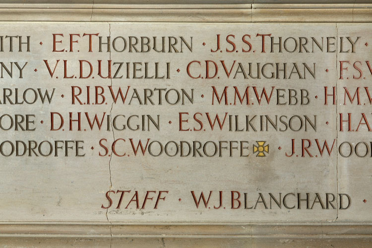 Detailed view of Some of the First World War Commemorations in the Marlborough College Memorial Hall. 