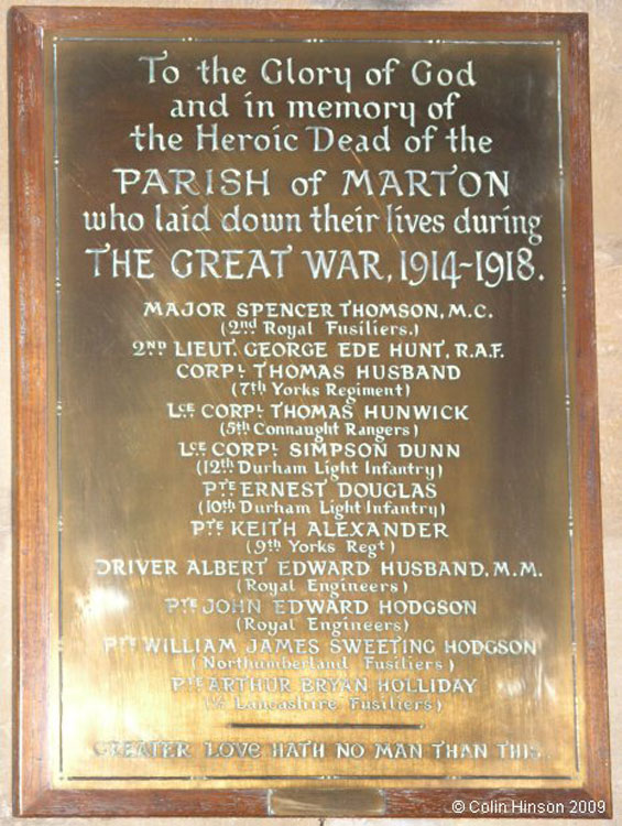 The First World War Memorial in St. Cuthbert's Church, Marton-in-Cleveland